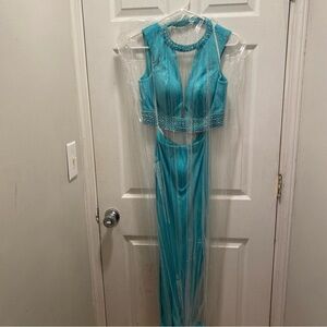 Angela & Alison turquoise two piece beaded halter top prom dress
